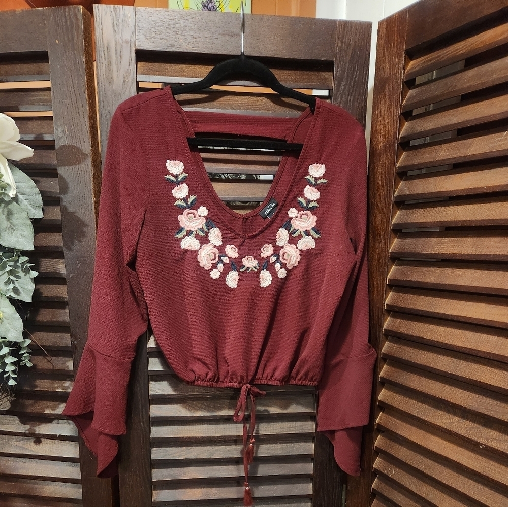 Rue21 Burgundy Floral Embroidered Blouse